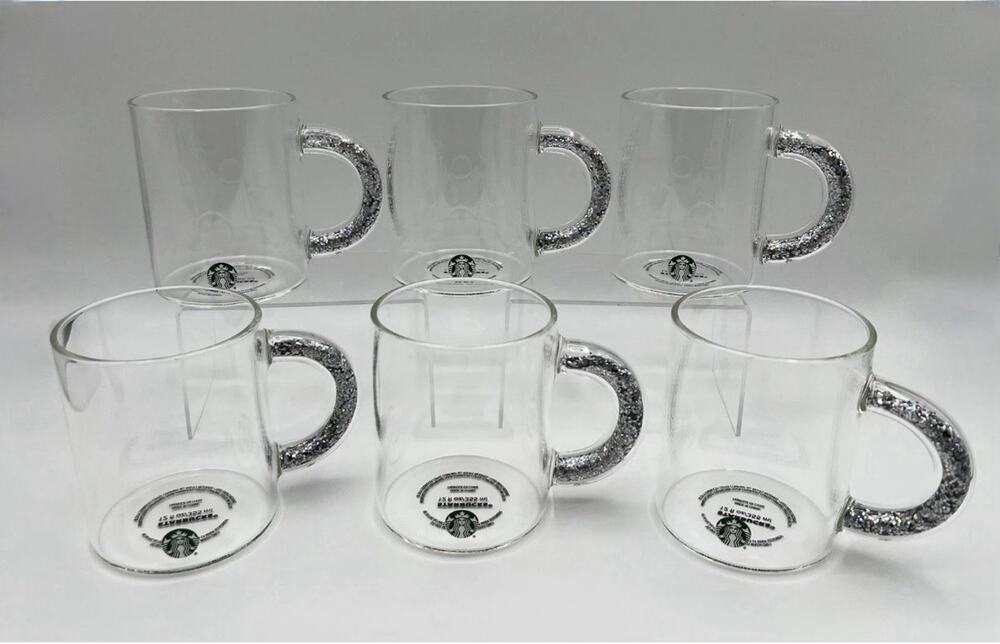 Starbucks Clear Glass Coffee Mug Glitter Handle 2019 Holiday Collection SET OF 6